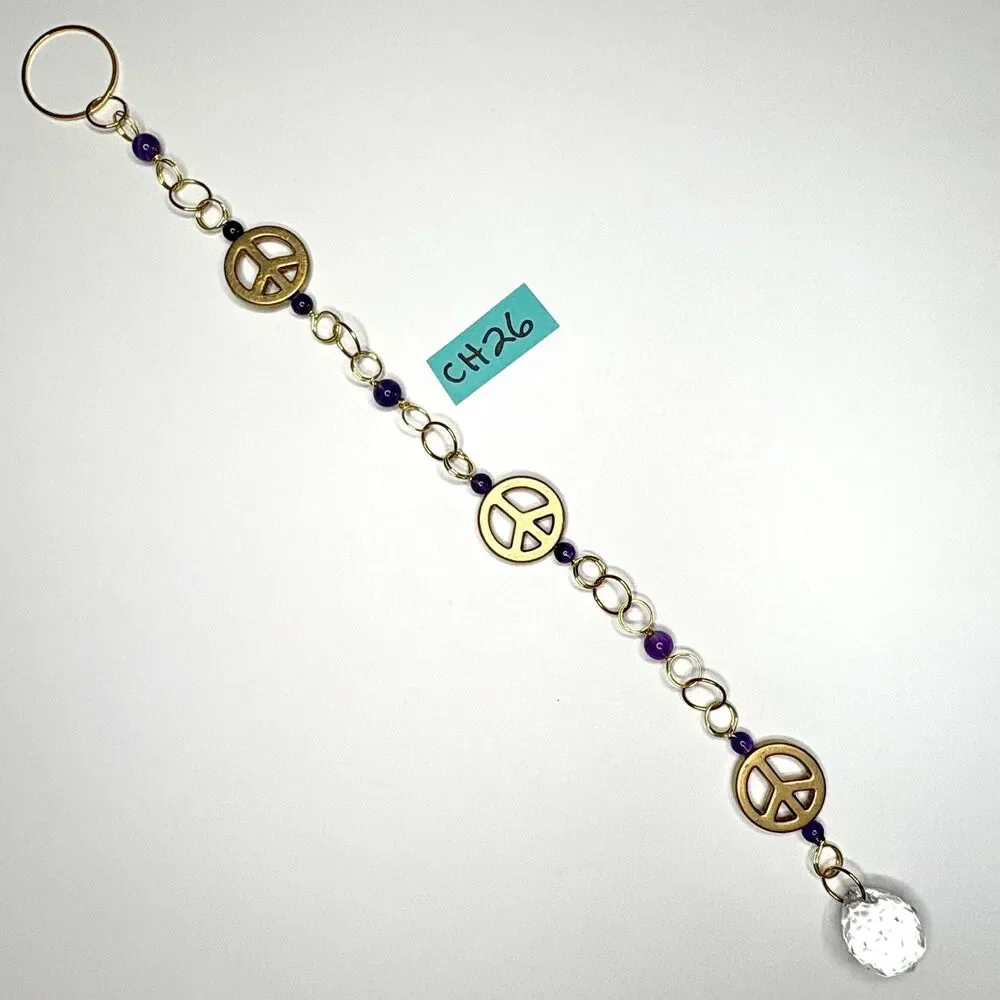 Amethyst Peace Sign Wall Hanging Gold Peace Charm Amethyst Beads Crystal Prism